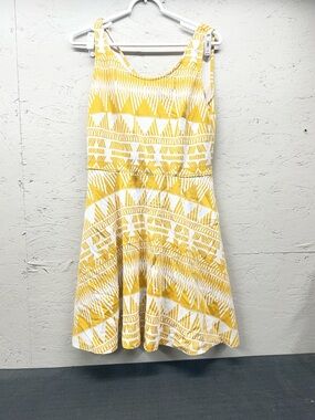 New York & Company Yellow and White Geometric Fit-and-Flare Dress